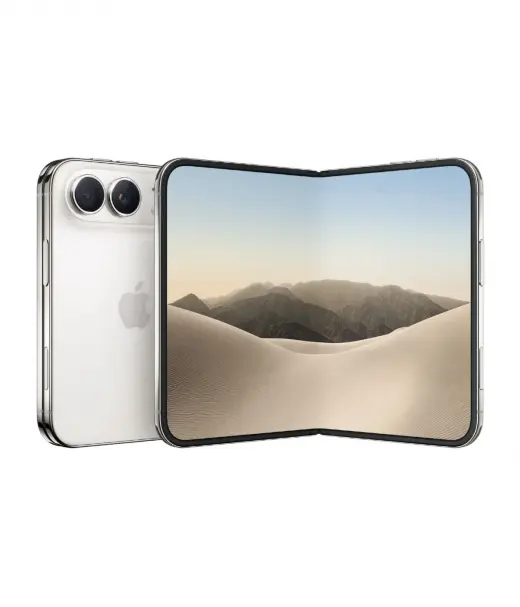 iPhone 18 Duo showcasing a foldable design with a desert landscape on the screen.