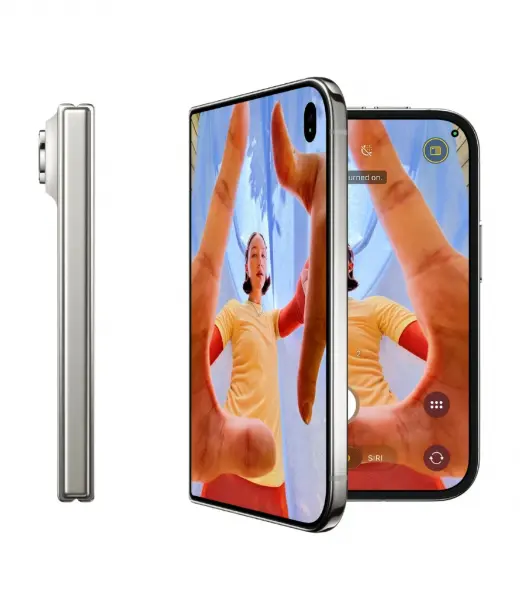 iPhone 18 Duo showcasing its camera features with a vibrant display and a person taking a selfie.