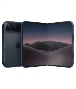Apple iPhone 18 Duo smartphone showcasing a foldable design with a mountain landscape on the screen.