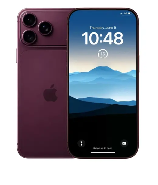 iPhone 18 Pro Max in purple with mountain wallpaper on display