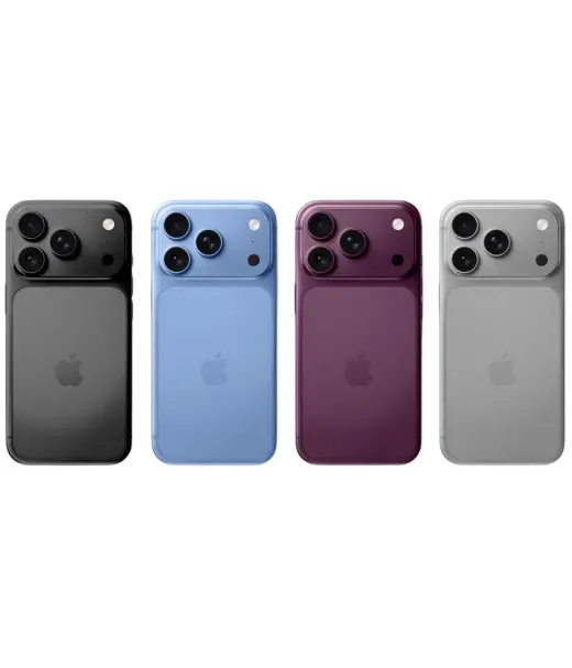 Four iPhone 18 Pro Max models in black, blue, purple, and silver colors