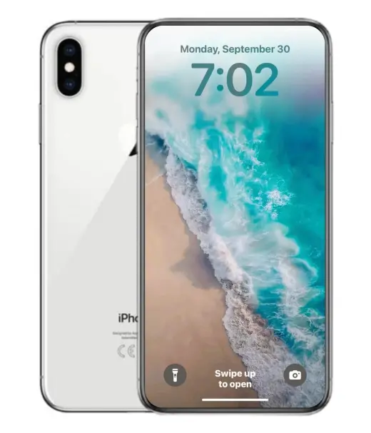 iPhone XS Max displaying a beach wallpaper with time and swipe instructions on the screen.