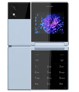 Itel Flip 1 mobile phone with dual cameras and keypad in blue color