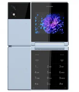 Itel Flip 1 mobile phone with dual cameras and keypad in blue color