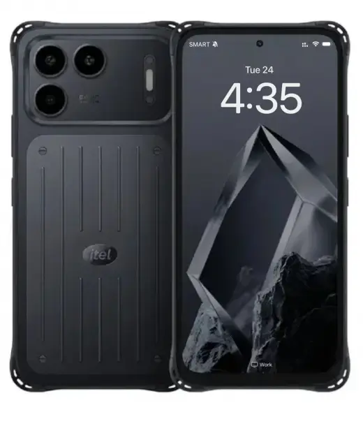 itel Power 80 smartphone showcasing front and back design with dual cameras