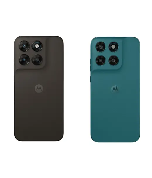 Motorola Moto G77 smartphones in black and teal colors showcasing camera design