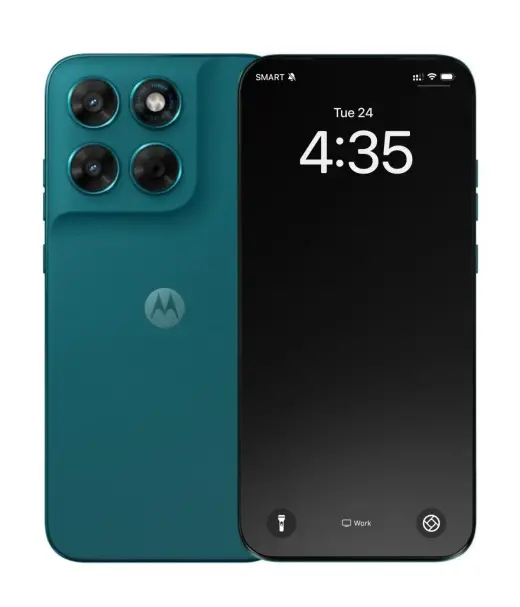 Motorola Moto G77 smartphone in teal color with triple camera setup and lock screen display