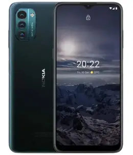 Nokia G21 smartphone showcasing dual rear cameras and a scenic lock screen