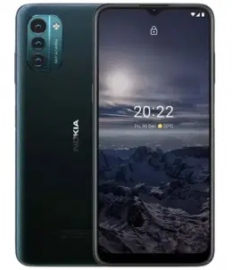 Nokia G21 smartphone showcasing dual rear cameras and a scenic lock screen