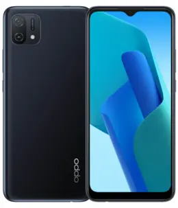 Oppo A16e smartphone showcasing front and back design in black color