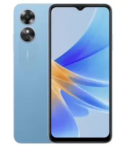 Oppo A17 smartphone in blue color showcasing dual cameras and vibrant display.
