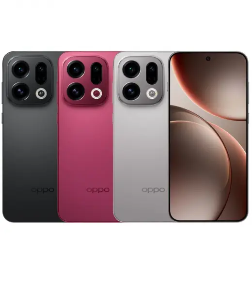 Oppo Find X9 smartphone in black, pink, and silver colors with dual cameras