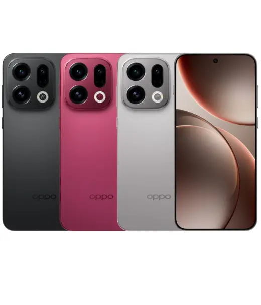 Oppo Find X9 smartphone in black, pink, and silver colors with dual cameras
