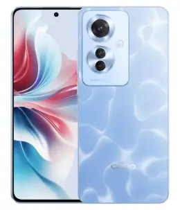 Oppo Reno 11F smartphone with a sleek blue design and triple camera setup