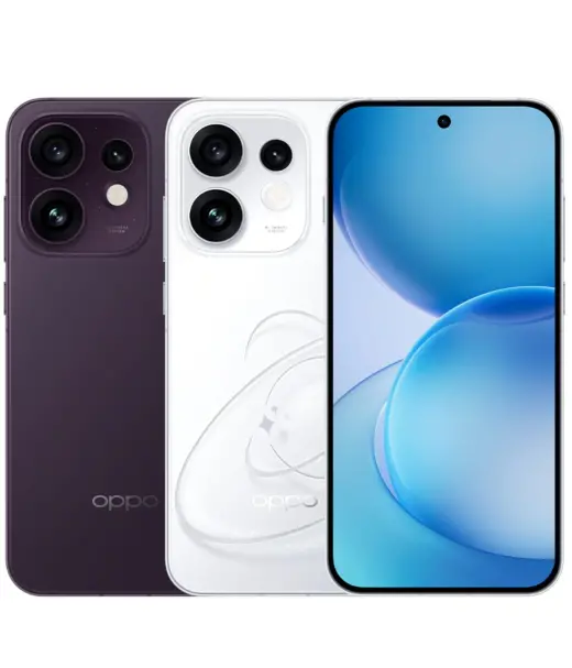 Oppo Reno 16 smartphones in purple and white with a vibrant display