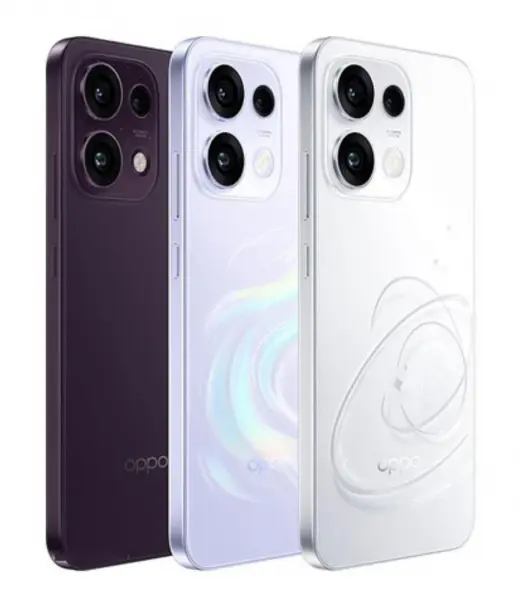 Three Oppo Reno 16F smartphones in purple, lavender, and white colors showcasing their sleek designs.