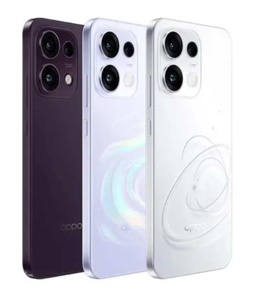 Three Oppo Reno 16F smartphones in purple, lavender, and white colors showcasing their sleek designs.