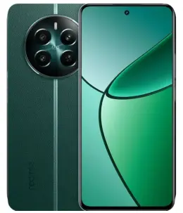 Realme 12 smartphone with green leather back and sleek design