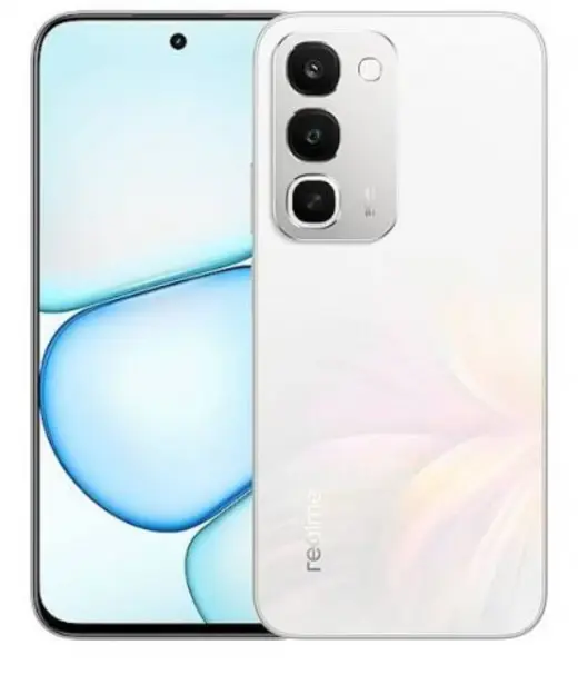 Realme C100 smartphone showcasing its front and back design with triple camera setup.
