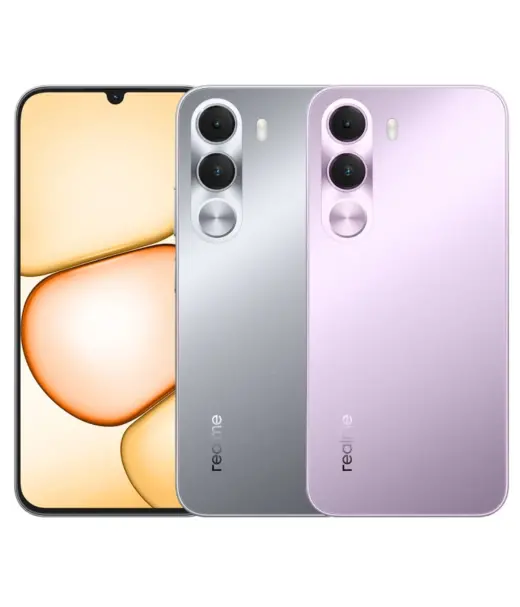 Realme C100i smartphone in silver and purple colors with dual cameras
