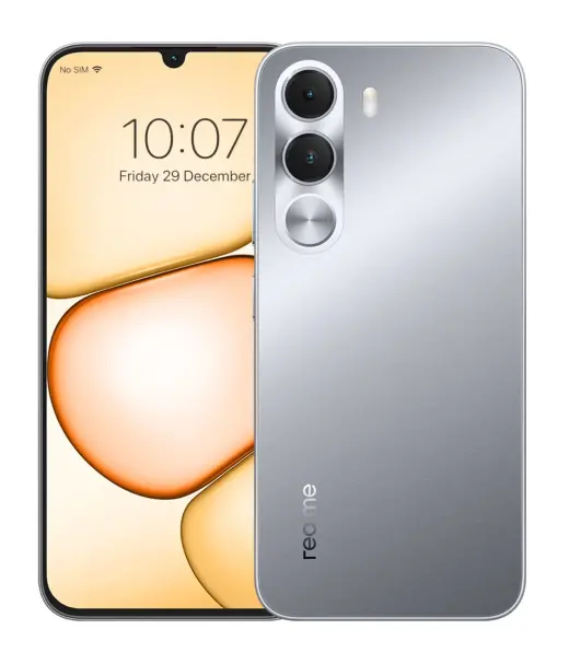 Realme C100i smartphone with dual cameras and a sleek silver design