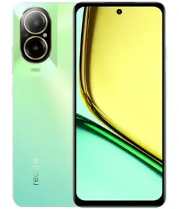 Realme C67 smartphone in mint green color with dual cameras and vibrant display