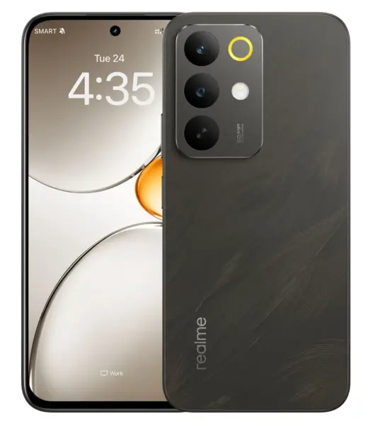 Realme C85 smartphone showcasing its sleek design and camera features.
