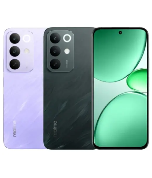 Realme C85 smartphone in purple and black colors with a vibrant display