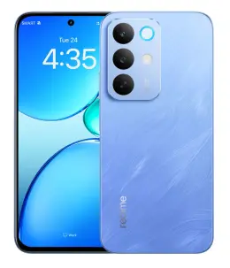 Realme C85 smartphone with a blue back and vibrant display showing time and icons