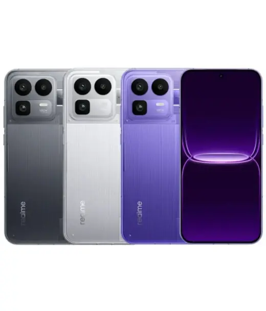Realme Neo 8 smartphone in three colors: black, silver, and purple, showcasing camera design and display.