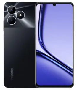 Realme Note 50 smartphone showcasing a sleek design with a purple display and triple camera setup.