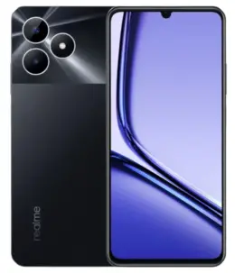Realme Note 50 smartphone showcasing a sleek design with a purple display and triple camera setup.
