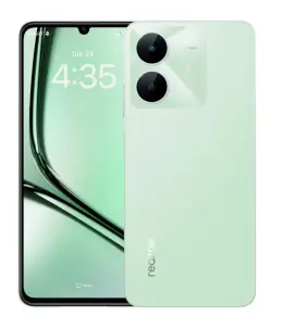 Realme Note 60x smartphone in mint green color with dual cameras and display showing time.
