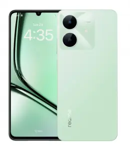 Realme Note 60x smartphone in mint green color with dual cameras and display showing time.