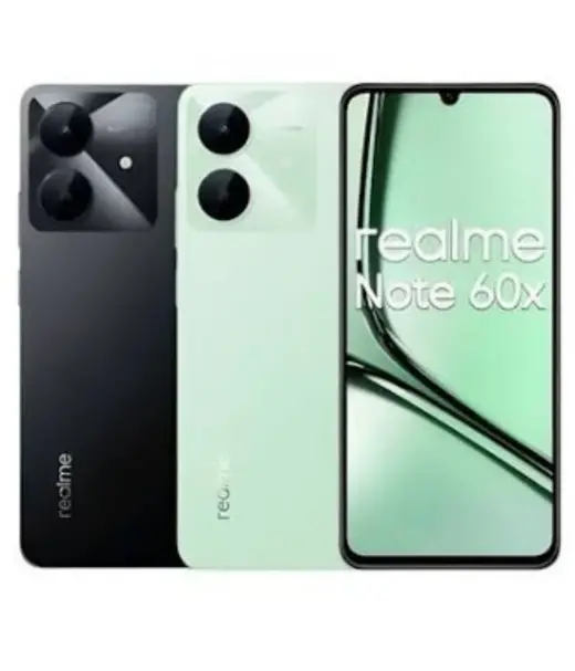 Realme Note 60x smartphone in black and mint green colors with display showing brand name.