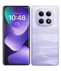 Redmi Note smartphone displaying time and colorful interface with a sleek design and quad-camera setup.