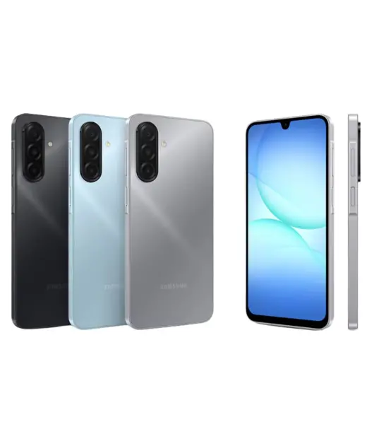 Samsung Galaxy A17 smartphone in black, blue, and silver colors with front and back views.