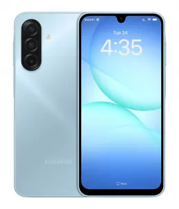 Samsung Galaxy A17 smartphone with a light blue back and display showing the time 4:35.