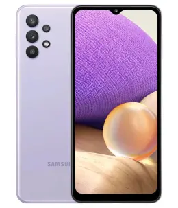 Samsung Galaxy A32 smartphone in lavender color with a vibrant display