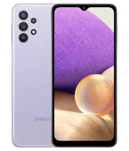 Samsung Galaxy A32 smartphone in lavender color with a vibrant display