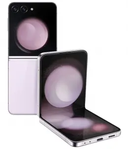 Samsung Galaxy Z Flip 5 smartphone in open and closed positions showcasing its design and display.