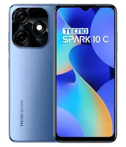 Tecno Spark 10C smartphone showcasing its blue design and camera features