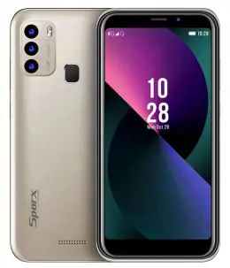 Sparx S6 smartphone with a gold back and colorful display showing the date and time.