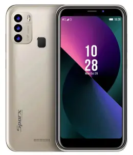 Sparx S6 smartphone with a gold back and colorful display showing the date and time.