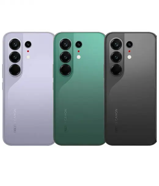 Tecno Camon 50 Pro smartphones in purple, green, and black colors