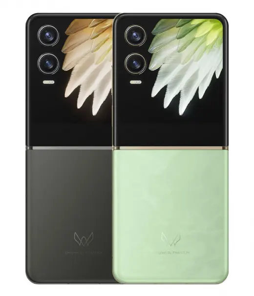 Tecno Phantom V Flip 2 5G smartphone in black and green colors with dual cameras