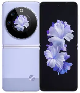 Tecno Phantom V Flip 5G smartphone showcasing dual screens and floral wallpaper