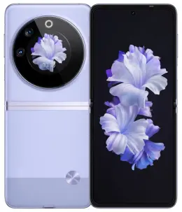 Tecno Phantom V Flip 5G smartphone showcasing dual screens and floral wallpaper