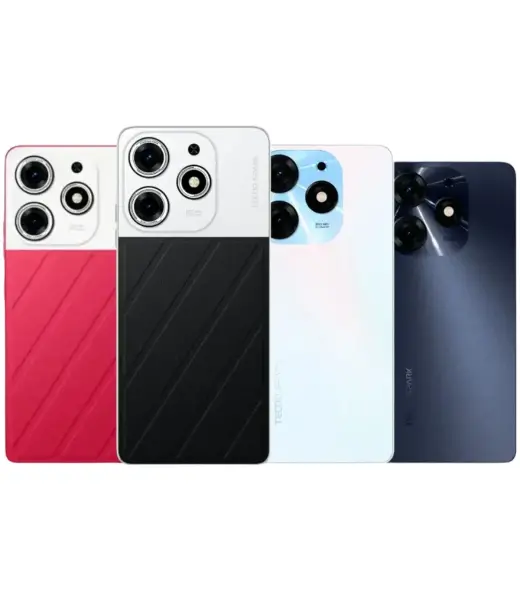 Tecno Spark 10 Pro smartphones in red, black, white, and blue colors showcasing their camera designs.