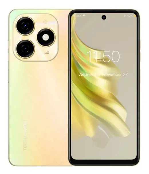 Tecno Spark 20 smartphone showcasing its sleek design and triple camera setup.